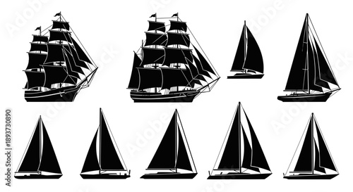 Sailboat Silhouette Icons Set – Sailing Yacht and Boat Symbols for Nautical & Marine Design