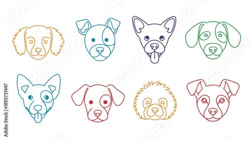 Set of eight stylized dog head line art icons in various colors like teal, orange, and red for pet shop branding or animal logos.