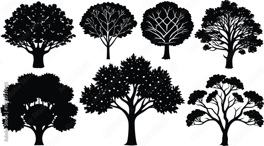 Fototapeta premium Collection of different tree silhouettes for design and illustration purposes