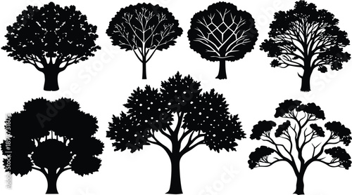 Collection of different tree silhouettes for design and illustration purposes