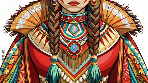 Very beautiful close-up of a Native American–inspired women’s ceremonial dress with beadwork details and rich fabric texture, isolated on white background, reflecting cultural artistry and traditional