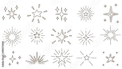 Collection of hand-drawn star sketches and whimsical sparkle doodles in brown ink for rustic holiday cards or children's book art.