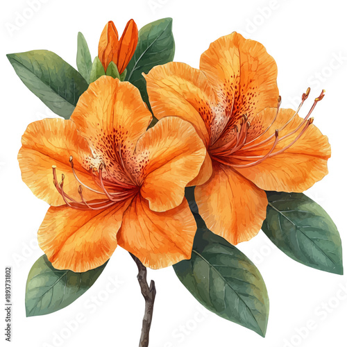 Azalea Branch, watercolor painting capturing graceful lines and soft blended shades, isolated on a white background.