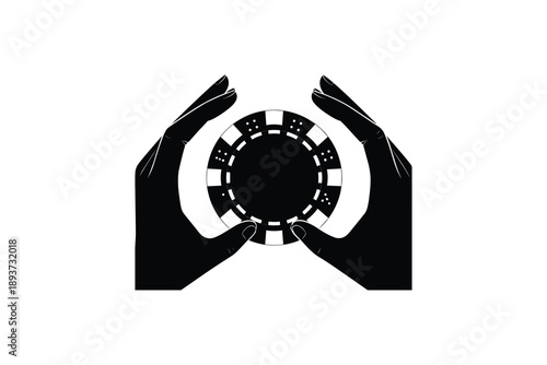 Hands holding single poker chip, representing casino game, luck and fortune against white background