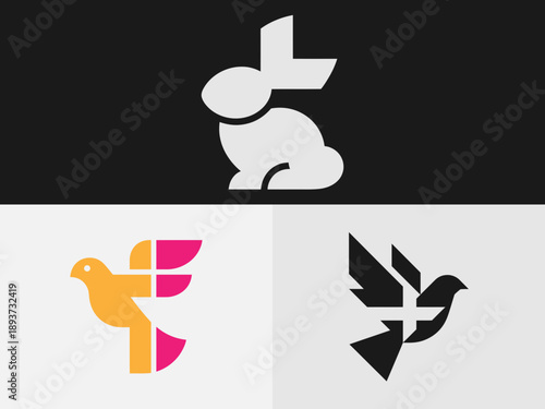 Minimal Ester Bunny  and two bird logo,icon,illustration.