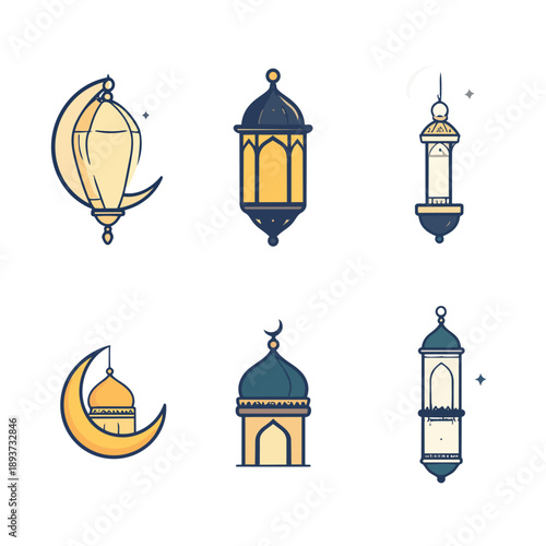 A collection of Islamic symbols and architectural elements, including lanterns, mosques, and crescent moon, depicted in a minimalist illustration style.