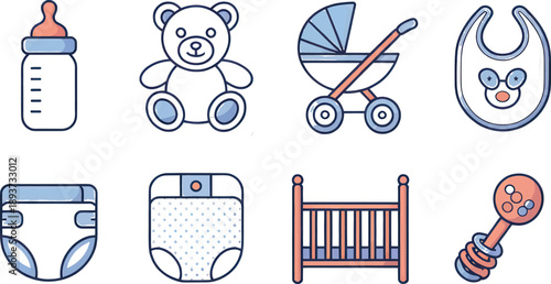 Various essential baby care items and nursery accessories are meticulously illustrated in a clean, minimalist style, perfect for depicting early childhood development, new parent resources, or infant.
