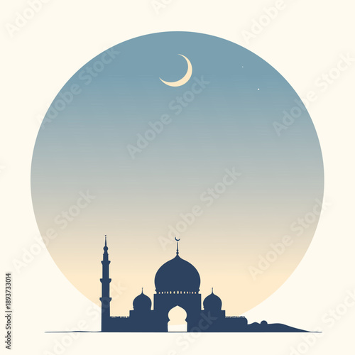 Silhouette of mosque at dusk with crescent moon in circular frame