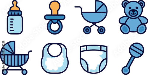 Collection of eight stylized baby care objects depicted in solid blue and orange color fill, including a bottle, pacifier, stroller, and teddy bear.