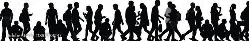 Walking people silhouette illustration representing daily life, urban crowd movement, commuters, travel, diversity, and modern society concept