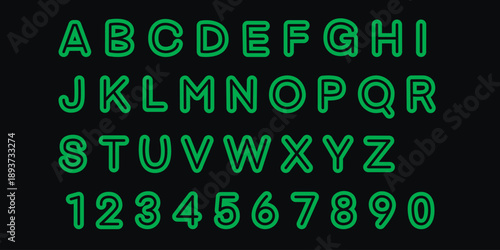 Neon green alphabet font. Letters and numbers in acid green. Symbols for signage, headlines, and text highlighting. Vector graphics