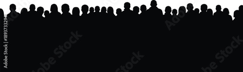 Black crowd silhouettes illustration representing large anonymous audience community gathering concept for modern design backgrounds