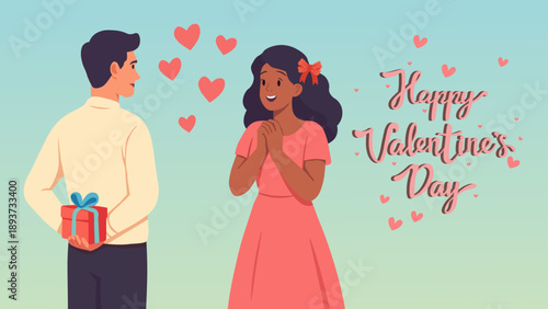 Happy Valentine’s Day couple with surprise gift illustration