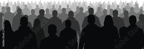 Large anonymous crowd silhouettes representing diverse society, population, unity, anonymity, social dynamics, background illustration for modern conceptual design