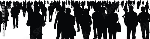 Large urban crowd silhouettes illustration showing anonymous people walking in public city space background concept
