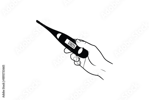Hand holding a digital medical thermometer with a numerical display showing a temperature reading