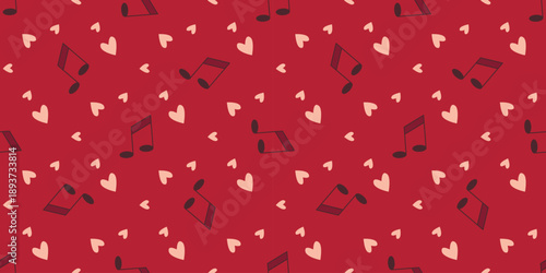 Love melody vector seamless pattern. Red background with hearts and  notes. Romantic love print for packaging, paper, fabric for weddings, holidays, Valentines Day