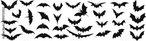 Bats horror flat set. Sticker with black mouse for Halloween decoration. Simple icon with animal from different sides. Silhouette of flying bat collection.
