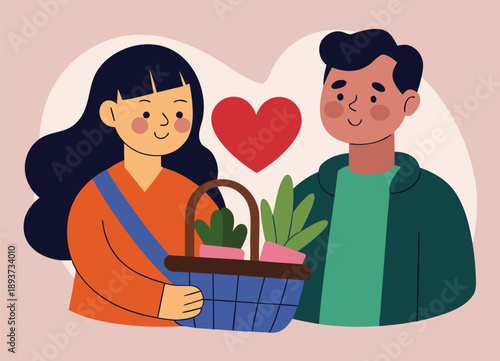 Couple Shopping Together with Grocery Basket and Plants