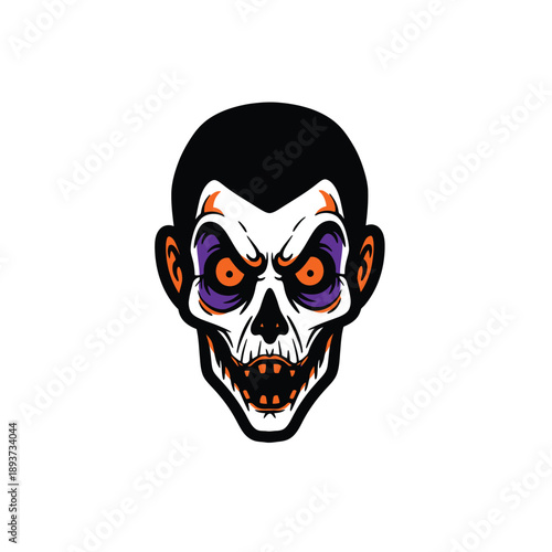 Scary pale monster head mascot with orange eyes, creepy vampire skeleton face, horror Halloween vector illustration