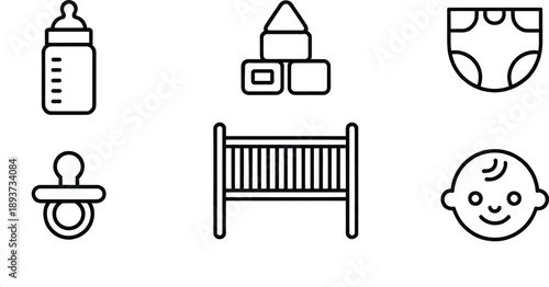Outline collection of six fundamental baby necessity icons including a clear feeding bottle, simple toy blocks, a baby cot, a carriage, a dummy, and a simplified baby head illustration.