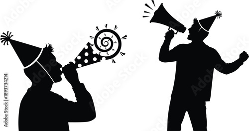 Black silhouettes of men wearing party hats using a megaphone and party blower for celebration events birthday joy and festive announcement isolated