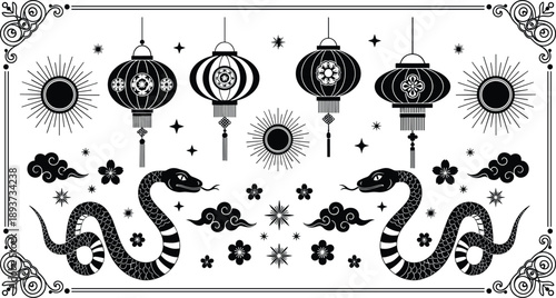 Chinese New Year 2025 year of the snake illustration, traditional oriental lanterns, mystical sun and clouds, floral decorative elements, lunar festival celebration vector