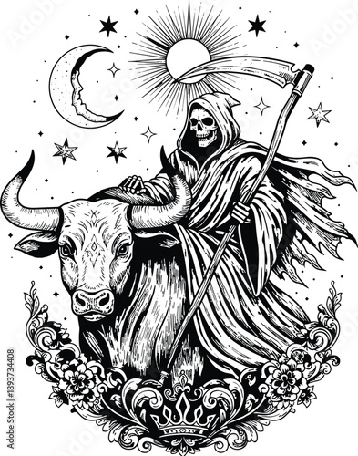 Gothic grim reaper riding powerful bull engraving, mystical sun and moon background, dark fantasy scythe warrior, vintage macabre floral occult art vector