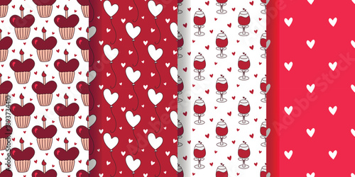 Backgrounds for weddings or Valentines Day set. Seamless pattern with hearts, wine glasses, balloons, cakes. Romantic prints for textiles, packaging, paper and design. Vector graphics
