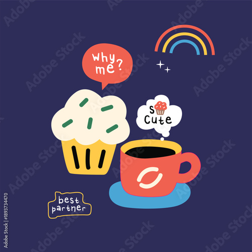 Cute Coffee and Cupcake Duo with Whimsical Speech Bubbles