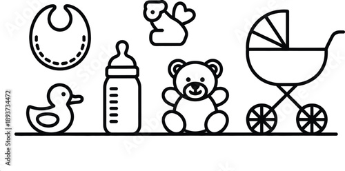 Set of six distinct black outline icons depicting common infant necessities including a bib, rubber duck, feeding bottle, teddy bear, and baby carriage on white.