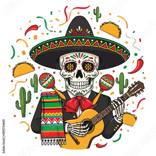 Sugar Skull Guitarist in Mariachi Style
