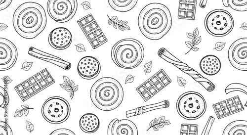 Hand drawn seamless pattern of sweet treats featuring cinnamon rolls, chocolate bars, and cookies for bakery branding, packaging, and cafe wallpaper design