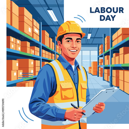 Worker in Warehouse with Safety Gear and Clipboard