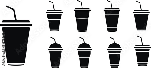 Disposable plastic coffee or tea cup with straw icon vector set. cold drink glasses collection in flat style.