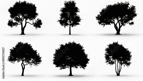 Set of six different silhouette trees on a white background