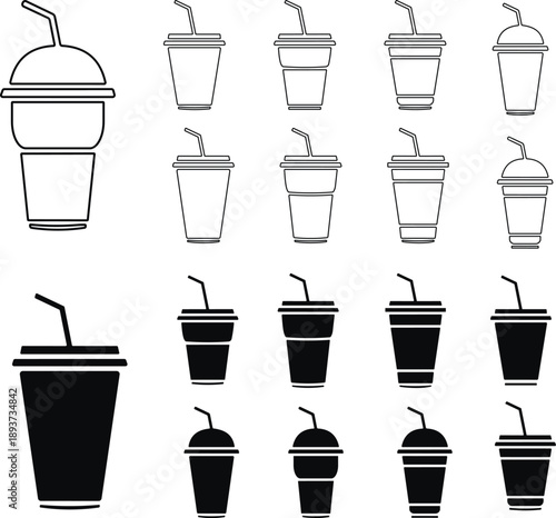 Disposable plastic coffee or tea cup with straw icon vector set. cold drink glasses collection in flat and line style.