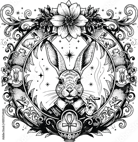 Mystical hand drawn rabbit illustration in ornate floral frame with stars and spiritual ankh symbol for vintage occult aesthetic and tarot card design