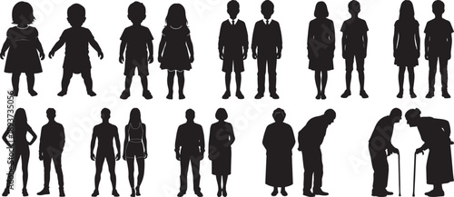Silhouette Collection of People at Different Life Stages from Childhood to Old Age Vector Illustration