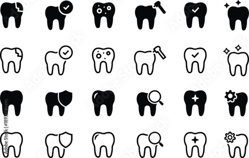 Dental Icons set. Dentist, care, disease, teeth whitening, removal, broken, root canal, tooth filling and wisdom teeth. Vector illustration