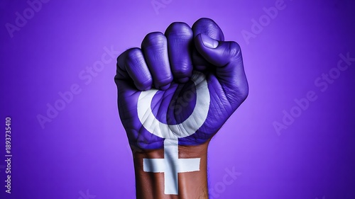 Raised fist painted with female gender symbol on purple background

