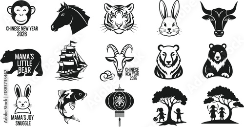 Set of Chinese New Year 2026 zodiac animal icons, lunar festival decorative elements, tiger, monkey, horse, goat, rabbit, bear, ship, koi fish, lantern vector