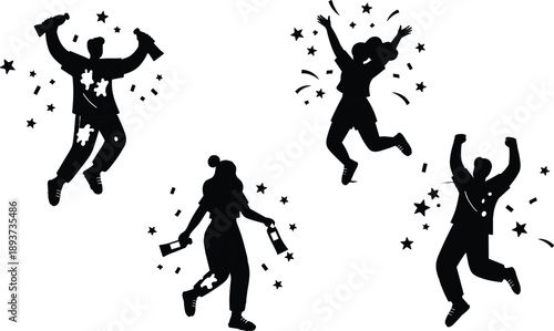 Silhouettes of happy people celebrating with bottles and confetti, joyful party crowd jumping in excitement, festive group of friends having fun together