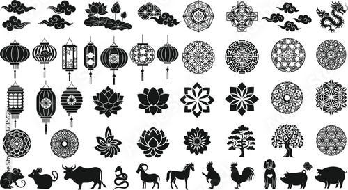 Traditional Chinese Cultural Design Elements Set Featuring Decorative Lanterns, Oriental Clouds, Zodiac Animals, Lotus Flowers, And Ornate Mandalas For Lunar New Year Events