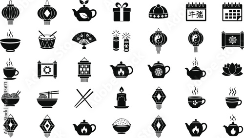 Traditional Chinese Culture Icon Set Featuring Red Lanterns, Tea Pots, Noodles, Folding Fans, Firecrackers, And Decorative Lunar New Year Celebration Symbols