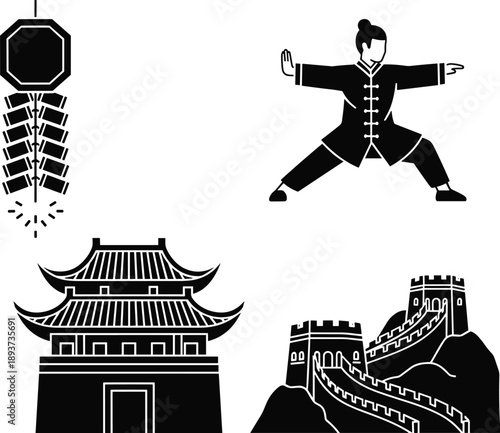 Traditional Chinese culture icon set with Great Wall of China and ancient pagoda architecture plus firecrackers and martial arts tai chi silhouette