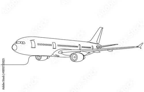 Continuous line drawing of a passenger airplane in a minimalist vector.