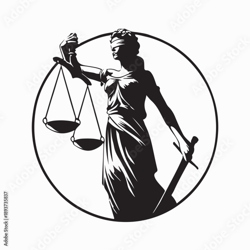 Lady Justice With Sword And Balance Scales Logo concept on White Background