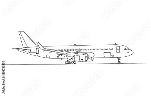 Continuous line drawing of a passenger airplane in a minimalist vector.