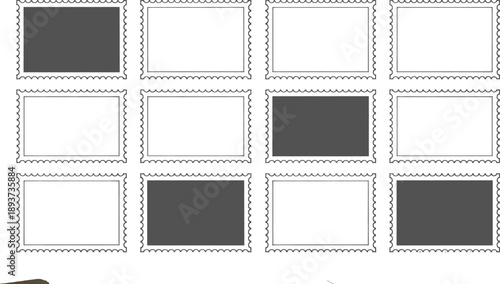 Grid of twelve rectangular shapes with distinctive serrated edges, resembling postage stamps, strategically alternating between clean white and solid dark gray fills, forming a balanced visual.